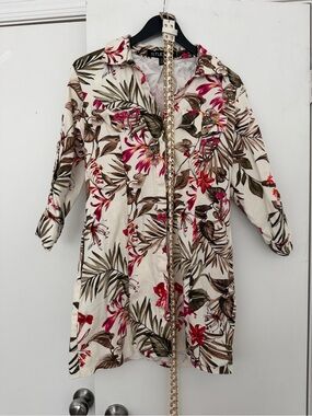 Colombian Cream Floral Button-Front Dress with Pink Botanical Print